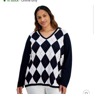Tommy Hilfiger Womens Argyle Pullover Sweater Navy Blue 1x
